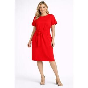 Chetta B Crinkle Tie Front Knee Midi Dress Orange Red Womens Size Large New